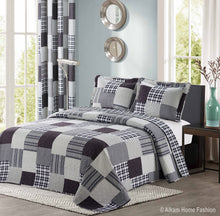 Load image into Gallery viewer, Black and Grey Modern Plaid Bedspread and Pillow Sham Set