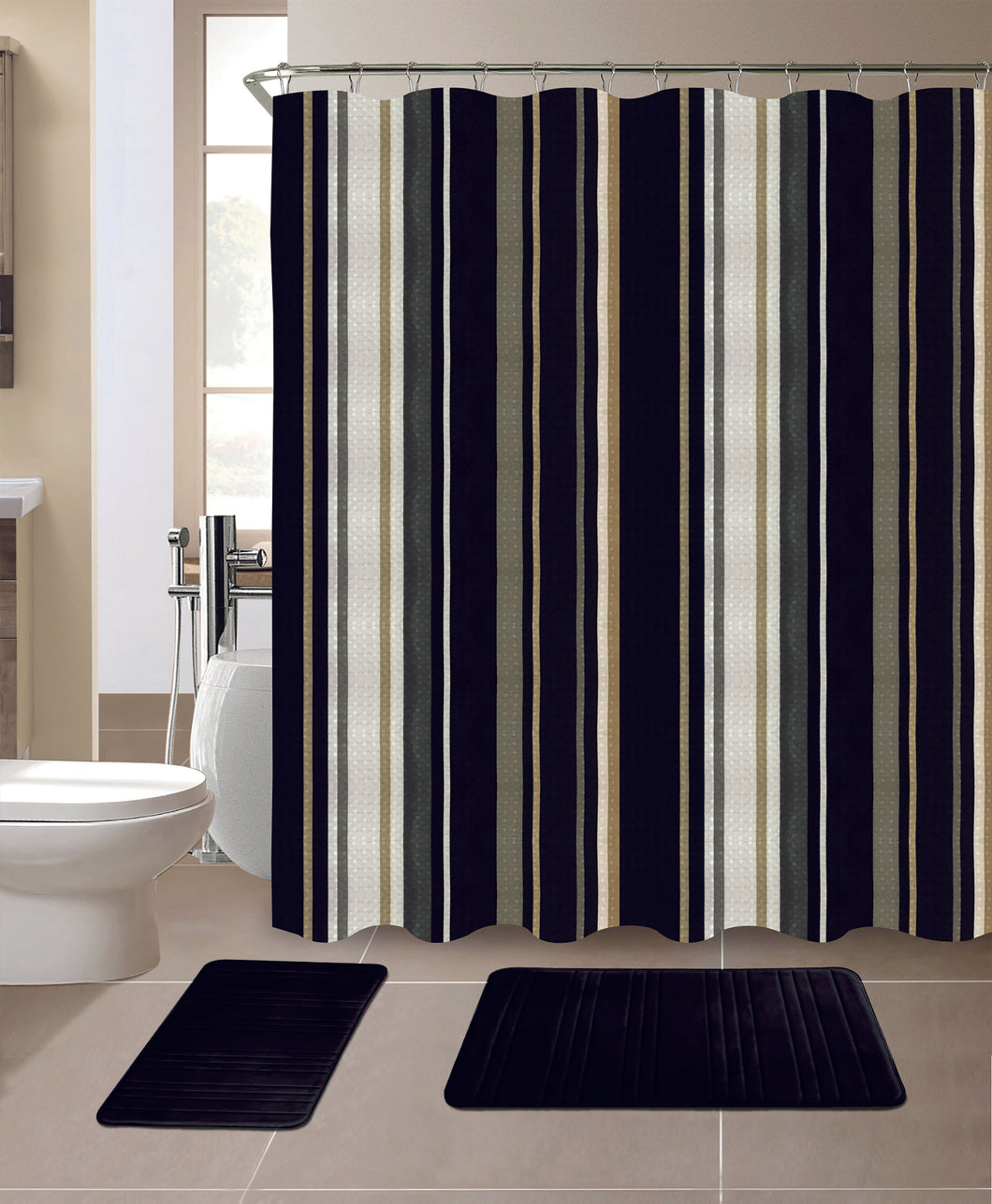 15-Piece Stripe Design Bathroom Set With Matching Shower Curtain